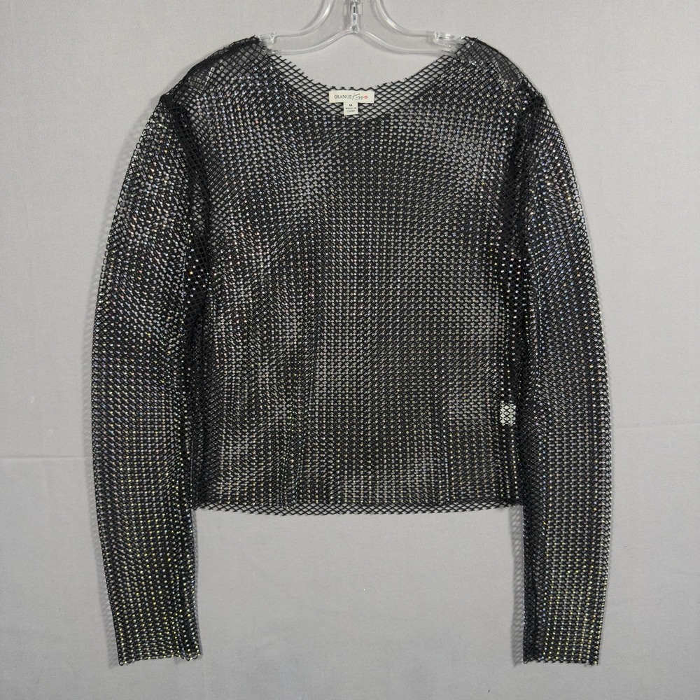 Orange Kiss Womens M Black Rhinestone Mesh Top Sheer Long Sleeve Crop Fishnet